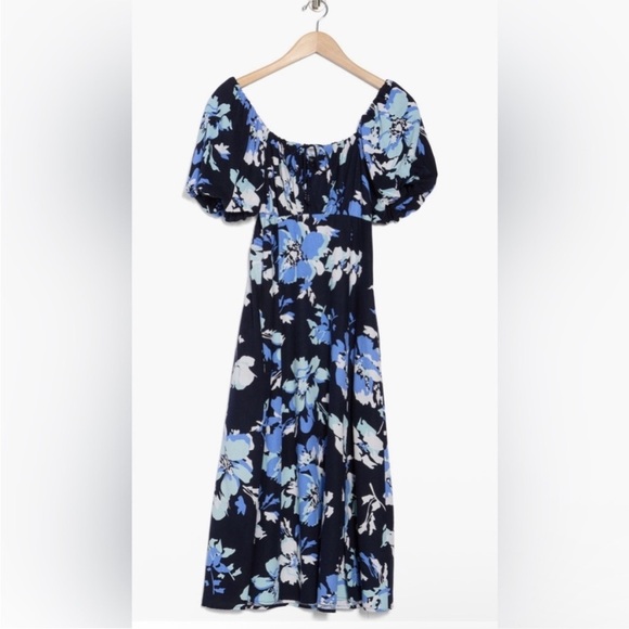 Ellen Tracy Floral Midi Dress with Side Slit and Puff Sleeve Blue Large Blue - Picture 3 of 13
